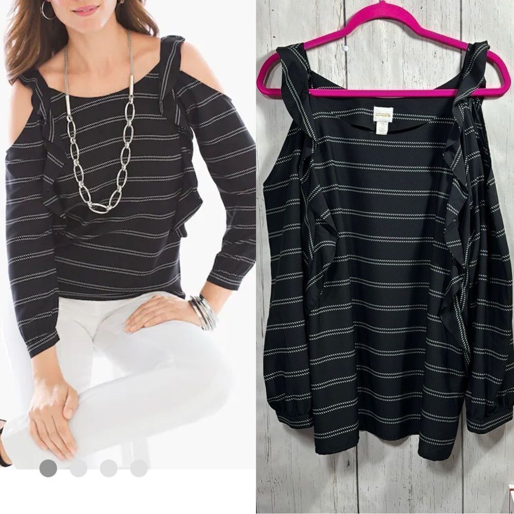 Chicos Striped Ruffle Sleeve Cold Shoulder Black White Womens Top Blouse